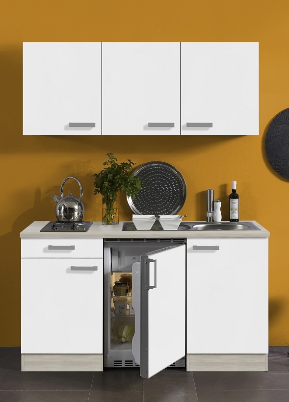 Einbauküche COSMO Miniküche Singleküche Kochfeld Unterbau-Kühlschrank 150cm weiß 